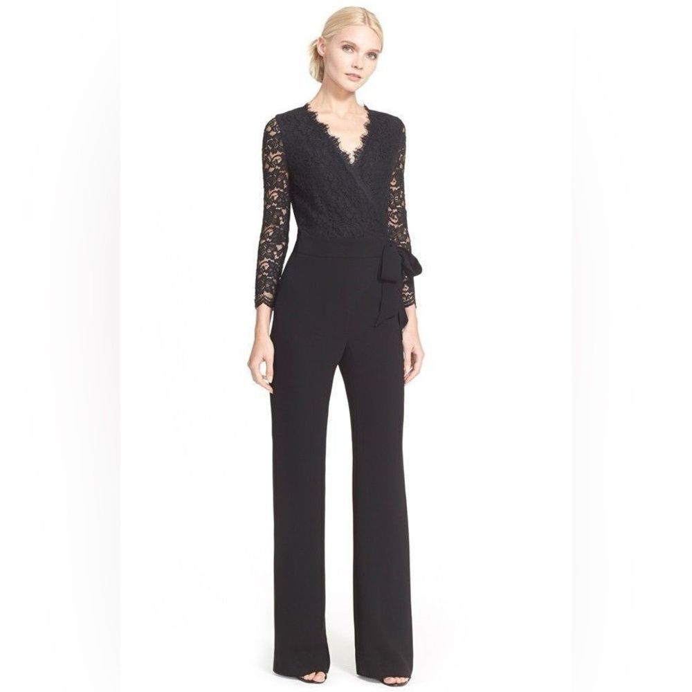 Diane Von Furstenberg Women's Marlowe Wrap Lace V Neck Jumpsuit in Black Size 12
